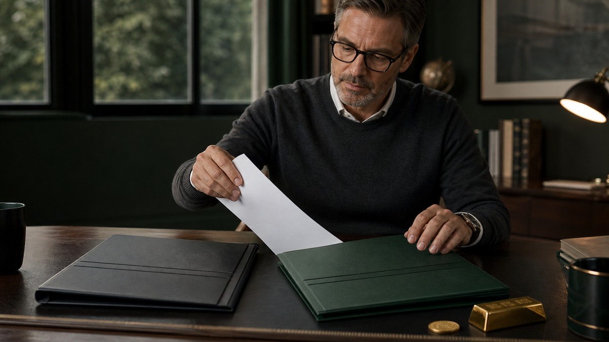 Retirement saver organizing rollover documents with physical gold nearby
