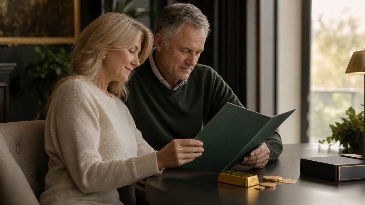 Mature couple reviewing retirement information with physical gold