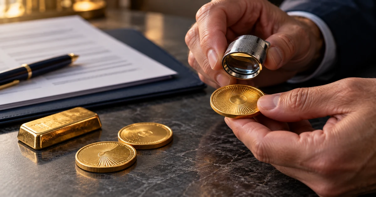 Illustration of hands examining a gold coin with a loupe beside gold bullion and paperwork.