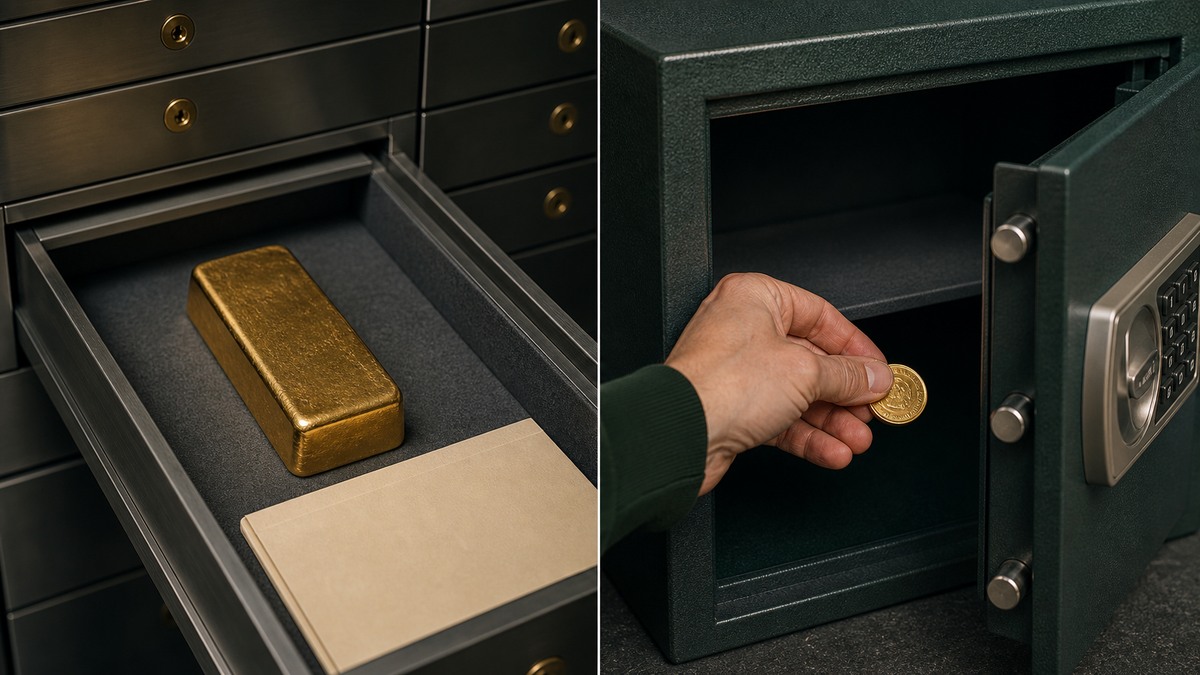 Institutional gold custody compared with personally storing a gold coin in a home safe.