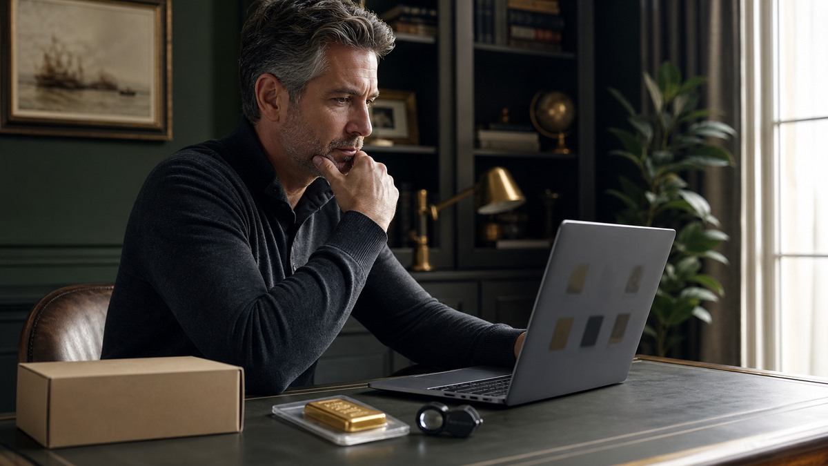 A careful online gold buyer reviewing an order at a home-office desk with a packaged gold bar and delivery box.