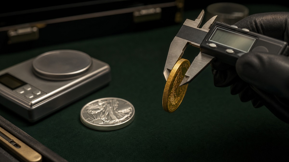 A gloved professional using a precision caliper to inspect a gold coin.