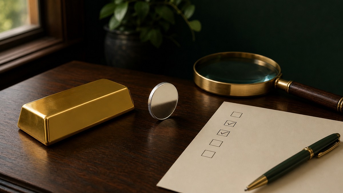 A gold bar, silver coin, magnifying glass, pen, and checklist arranged on a buyer-research desk.