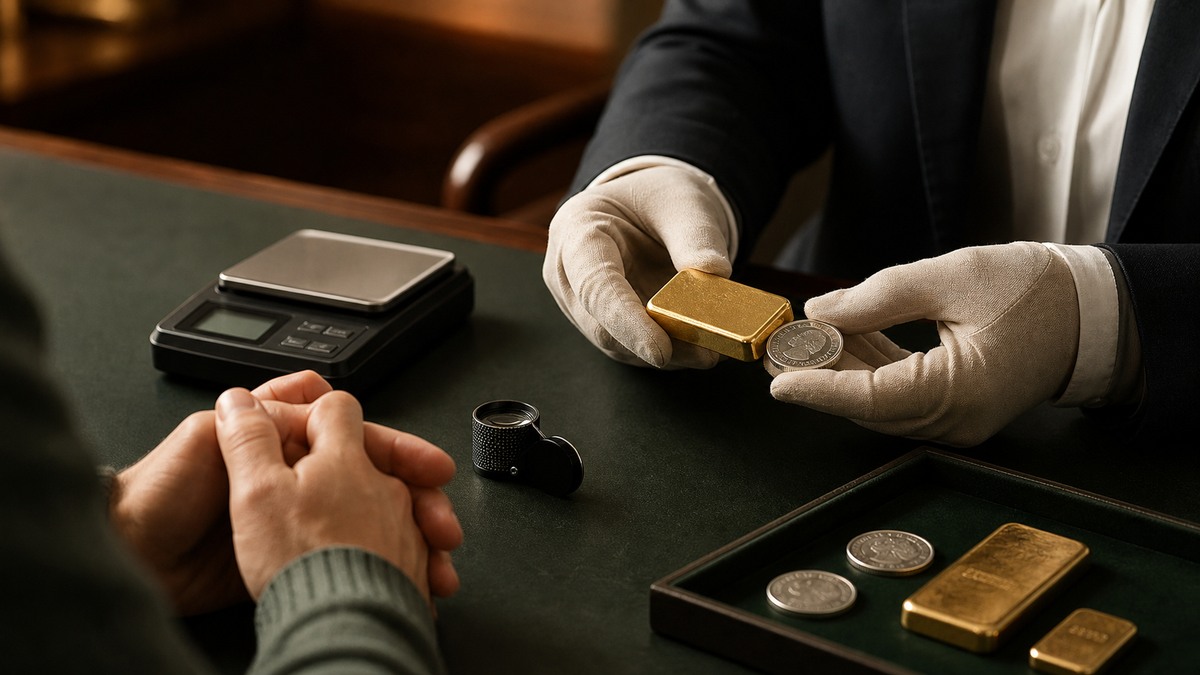 A professional appraiser examining gold and silver bullion across a consultation desk.