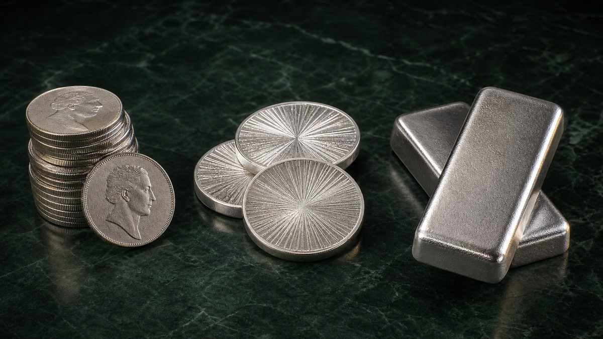Silver coins, private-mint rounds, and rectangular silver bars arranged in separate groups.