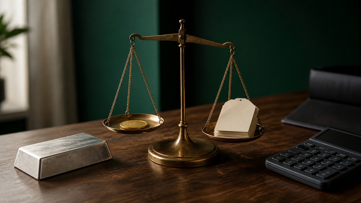A balance scale, gold coin, silver bar, and pricing materials representing spot price and retail premium.