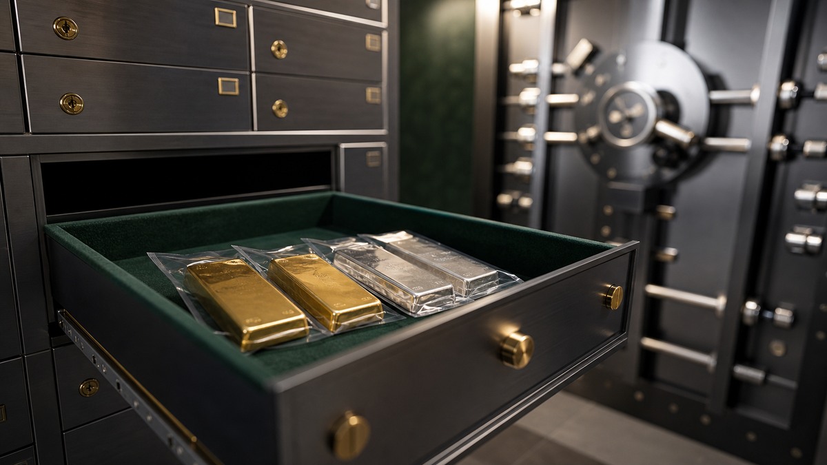 Gold and silver bars secured inside a professional private-vault deposit drawer.